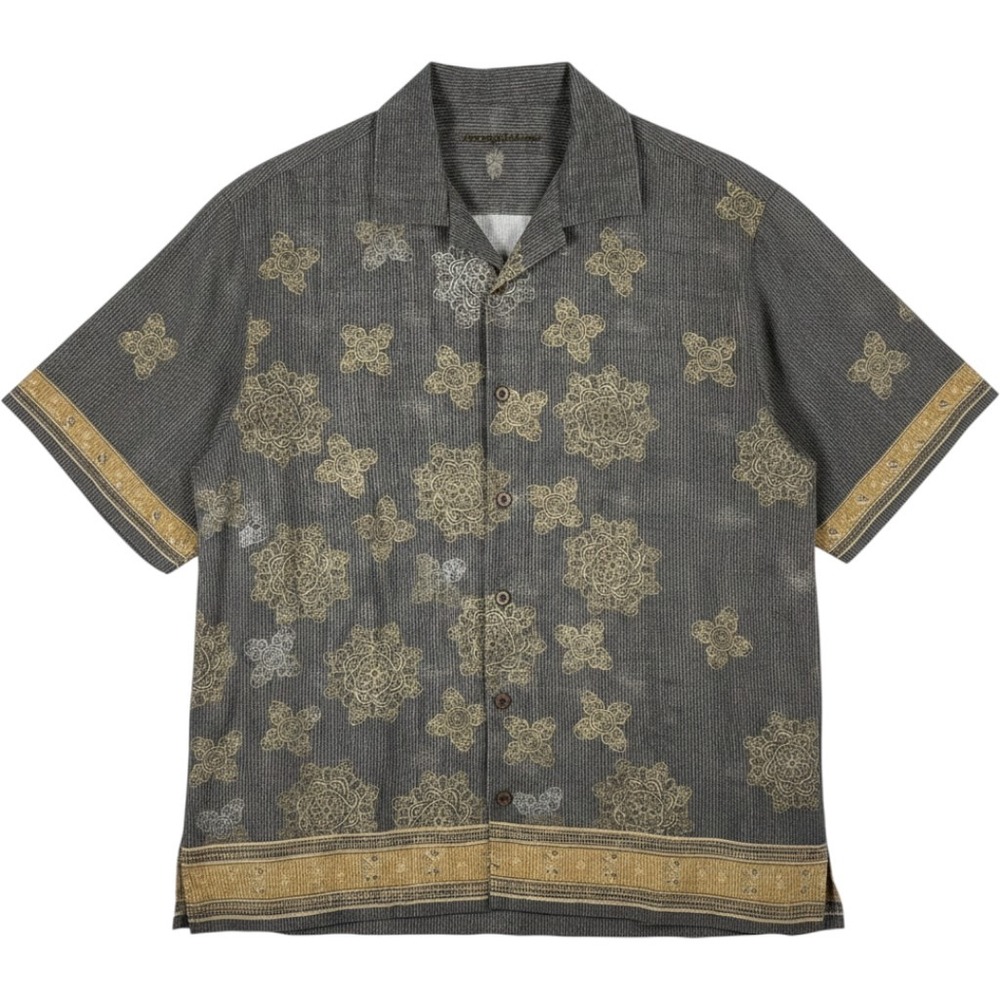 Tommy Bahama Silk Shirt Sz Large Grey Yellow Print‎ Button Up Wooden Buttons